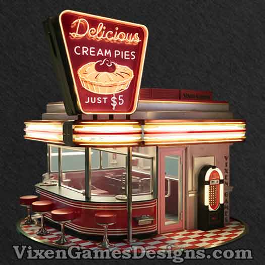 Delicious Cream Pies Diner T-shirt closeup of design by Vixen Games